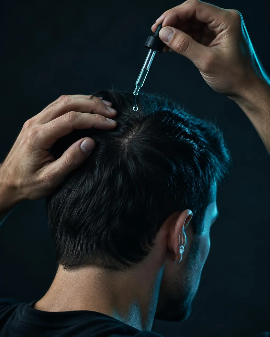 Applying ClascoteroneX drops directly onto the scalp with the dropper